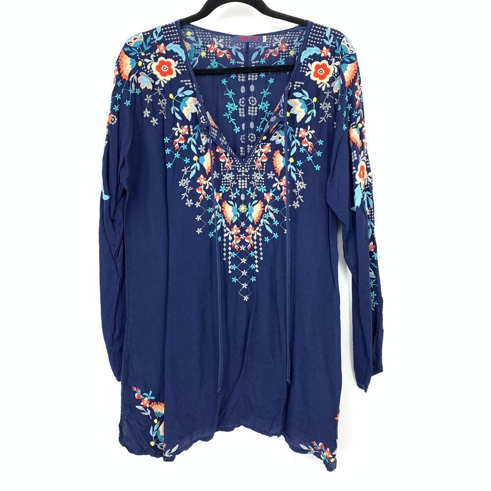 Johnny Was V-Neck Long Sleeve Blouse Womens Size L Navy Blue Floral Embroidered